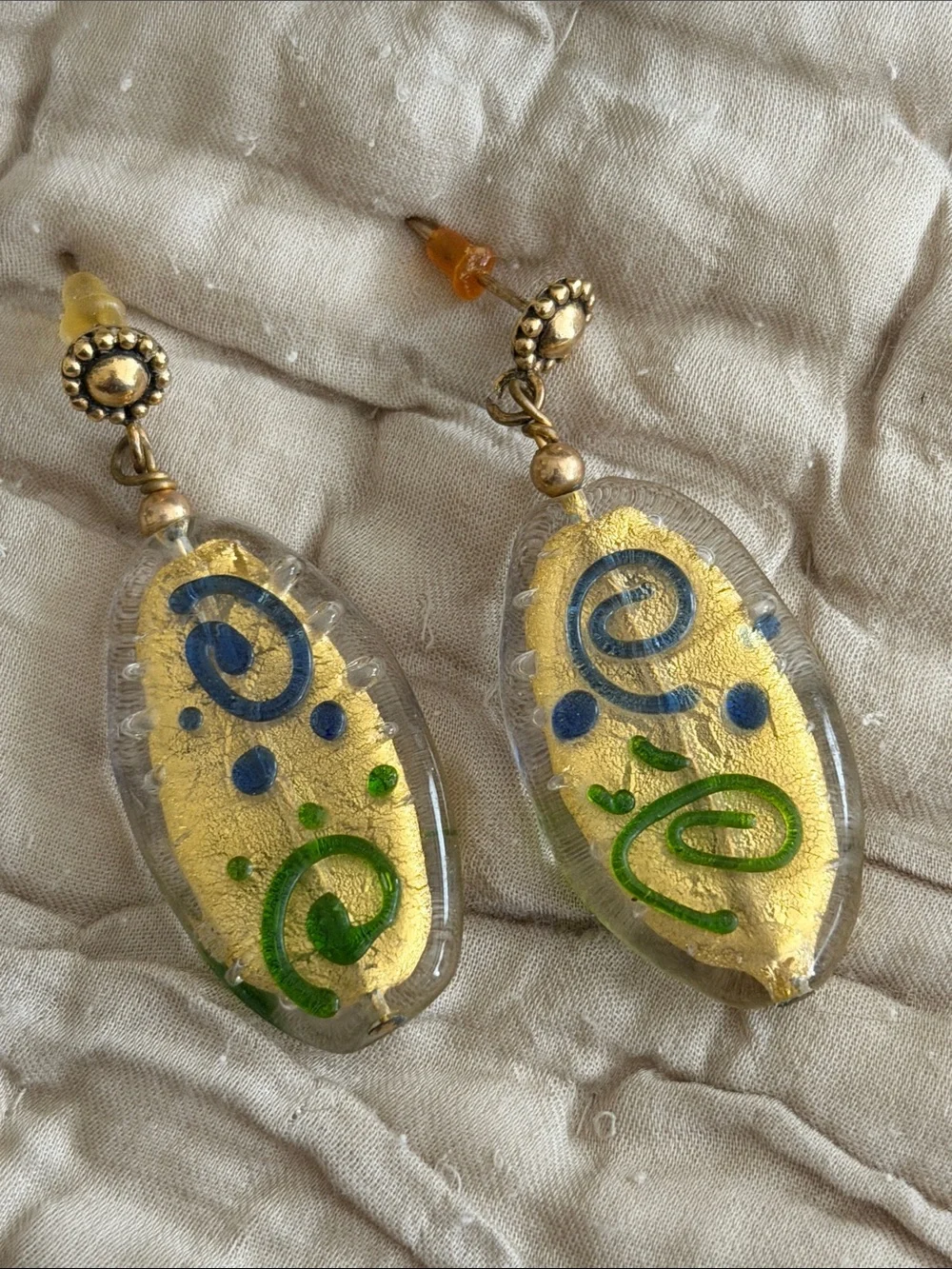 Exquisite blown glass pierced earrings post style gold lime green cobalt blue